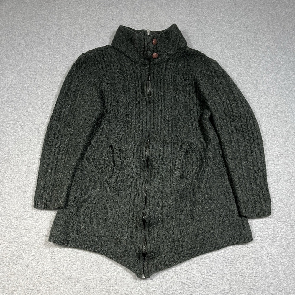 Original Aran Co Sweater Womens XL Green Zip Up Cable Knit Fisherman Merino Wool